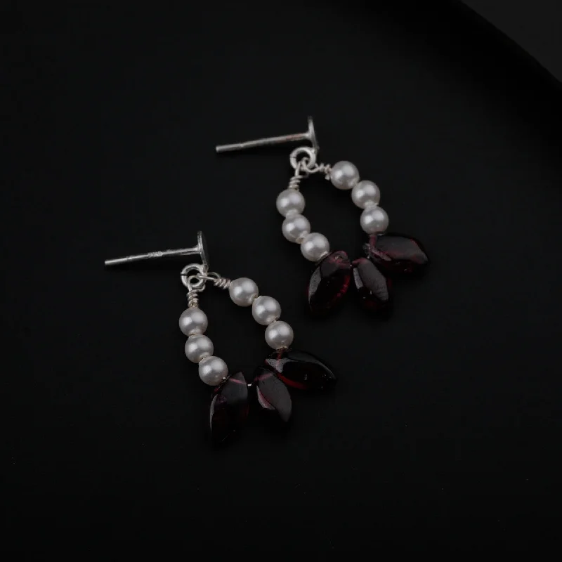 Screw Back Drop Earrings for Security -Silver Earring with Garnet and Pearls