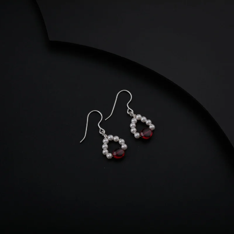 Push Back Drop Earrings for Convenience -Silver Earring with Ruby and Pearls