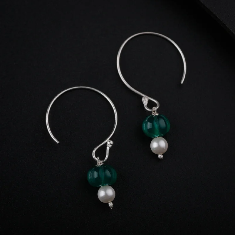 Beaded Drop Earrings for Party -Silver Earrings with Green Onyx and Pearls