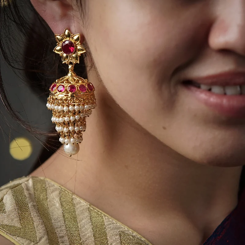 Drop Earrings with Filigree Work -Silver Jhumki with Pearl Gold Plated