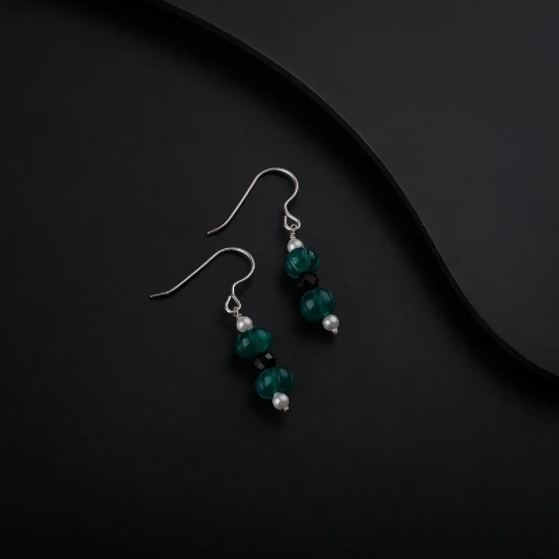 Clip On Drop Earrings for Non Pierced -Silver Pearl Earrings with Green Onyx and Black Spinel