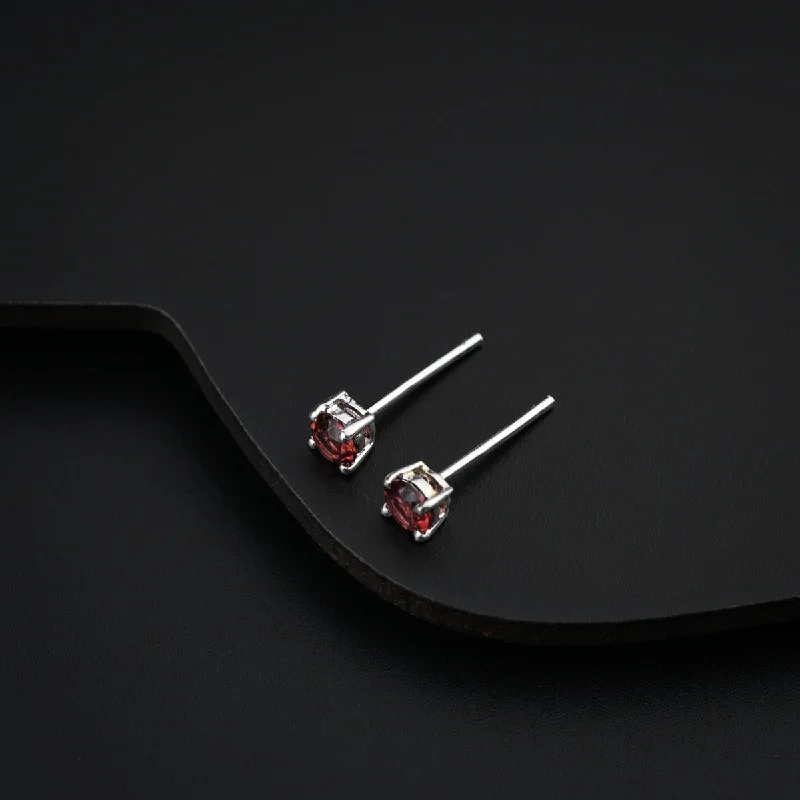 Oval Drop Earrings for Grace -Silver Studs with Garnet Stone