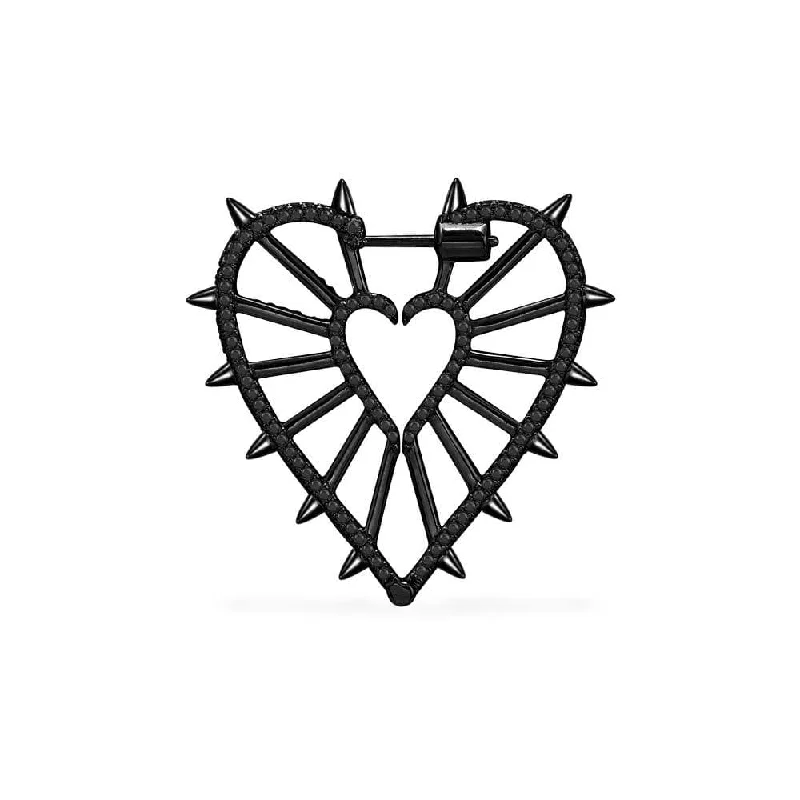 Drop Earrings with Wave Designs -Single Geometric Heart Earring with Spikes - Dark Grey Silver