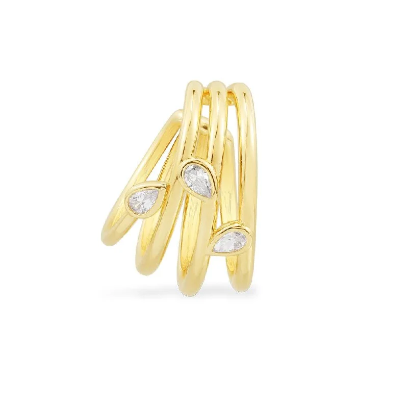 Drop Earrings with Floral Motifs -Single Multi-Hoop Ear Cuff with Pear - Yellow Silver