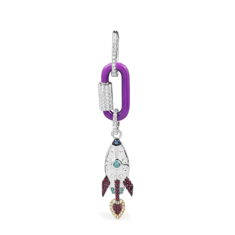 Drop Earrings with Etched Designs -Single Purple Chain-link Earring with Rocket - silver