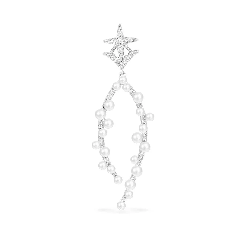 Short Drop Earrings for Subtle -Single Star Drop Earring with Pearls - Silver