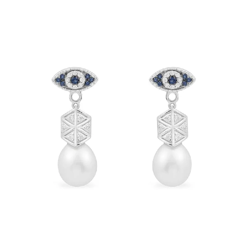 Drop Earrings with Abstract Designs -Lucky Eye Ear Jackets With Pearls - silver