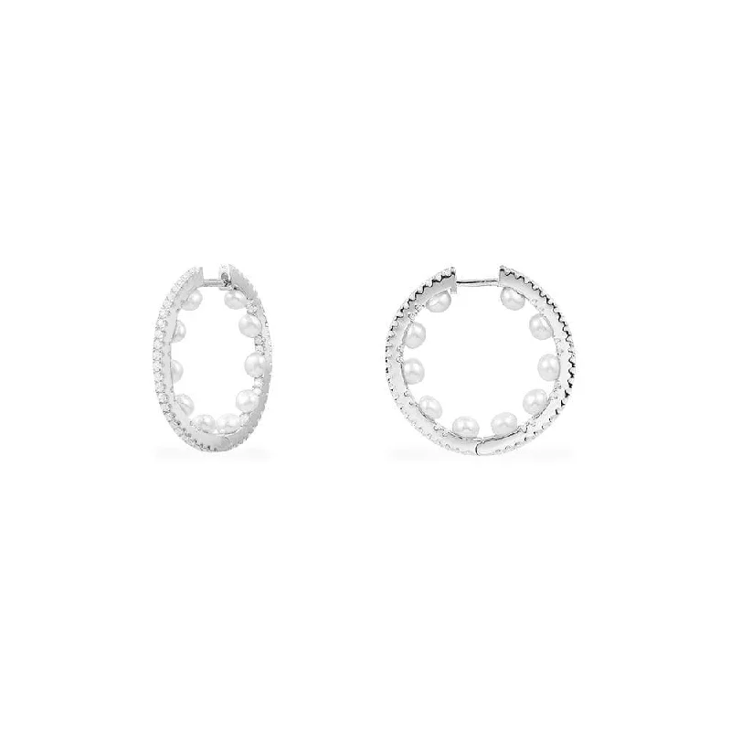 Waterproof Drop Earrings for Outdoor -Small Pavé Hoop Earrings with Pearls - Silver