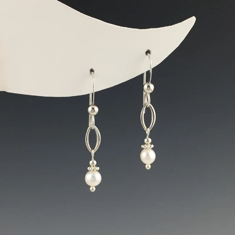 Drop Earrings with Etched Designs -Small Pearl with Oval Shape Earrings