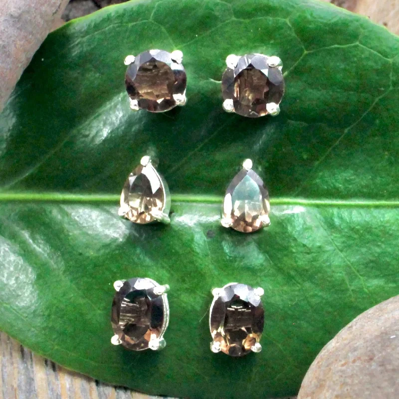 Stud Earrings for Gym Workout -Smoky Quartz Stud Earrings Pronged in Sterling Silver