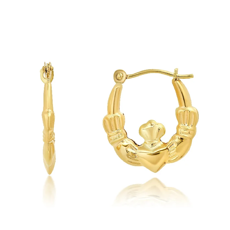 Stud Earrings with Crown Designs -Solid 14K Yellow Gold 16MM Claddagh Hoop Earrings with Click-top Closure