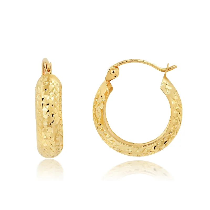 Heavy Duty Stud Earrings for Durability -Solid 14K Yellow Gold 18MM Diamond Cut Hoop Earrings with Click-top Closure