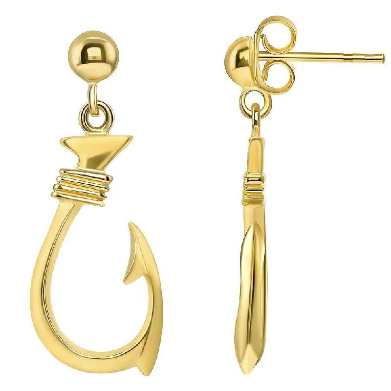 Maximalist Drop Earrings for Bling -Solid 14k Yellow Gold Dangling 3D Fish Hook Dangle Earrings with Friction Back (Medium)