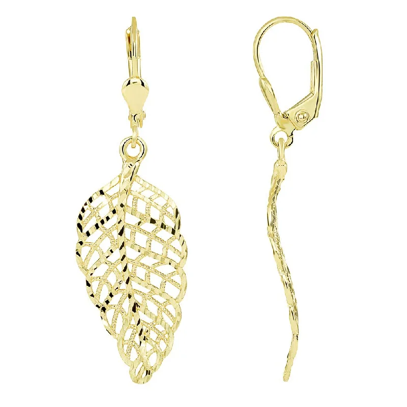 Crystal Drop Earrings for Sparkle -Solid 14k Yellow Gold Elegant Leaf Dangle Earrings with Leverback, 1.7"