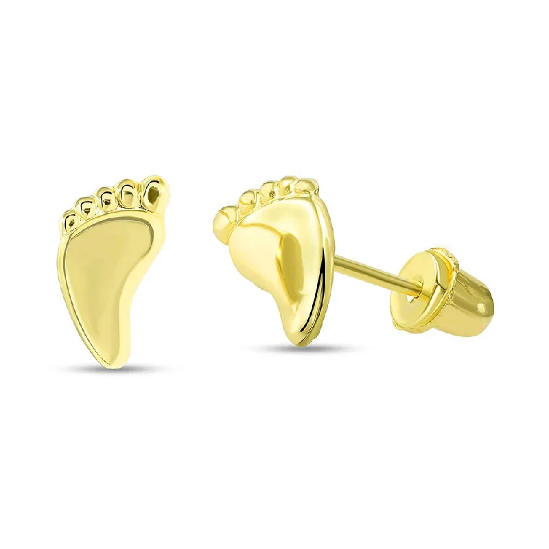 Round Drop Earrings for Classic -Solid 14k Yellow Gold Mini Feet Stud First Step Symbols Earrings with Screw Back