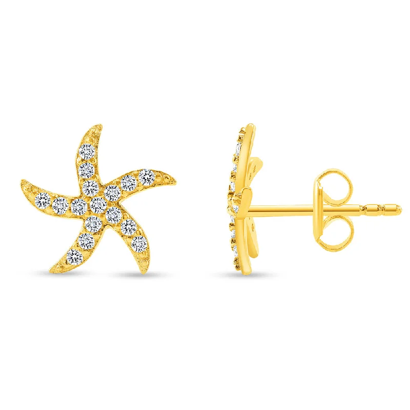 Indian Drop Earrings with Intricacy -Solid 14k Yellow Gold Pave Cubic-Zirconia Starfish Stud Sea Life Earrings with Screw Back, 10.5mm