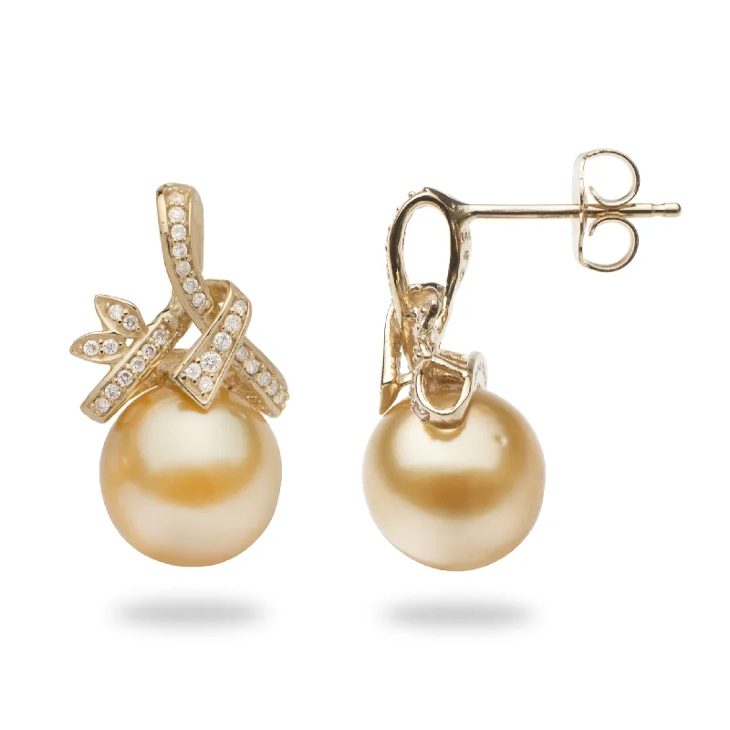 Long Drop Earrings for Dramatic -South Sea Gold Pearl Earrings in Gold with Diamonds - 9-10mm