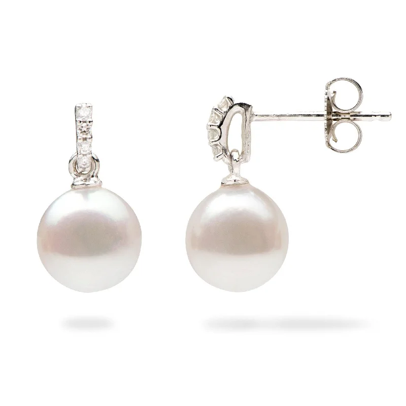 Akoya White Pearl Earrings in White Gold with Diamonds - 8mm