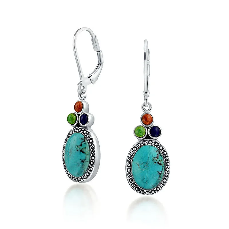 Hippie Drop Earrings with Beads -Southwestern Dangle Gemstone Earrings with Turquoise Lapis Coral in Sterling Silver