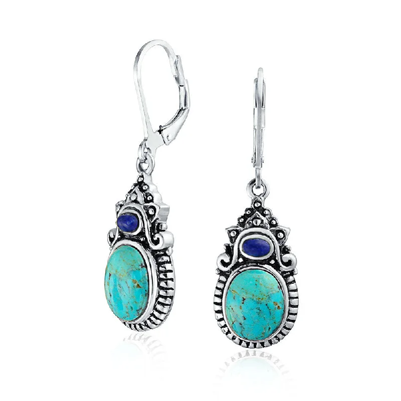 Gothic Drop Earrings with Dark Tone -Southwestern Dangle Gemstone Earrings with Turquoise and Lapis in Sterling Silver