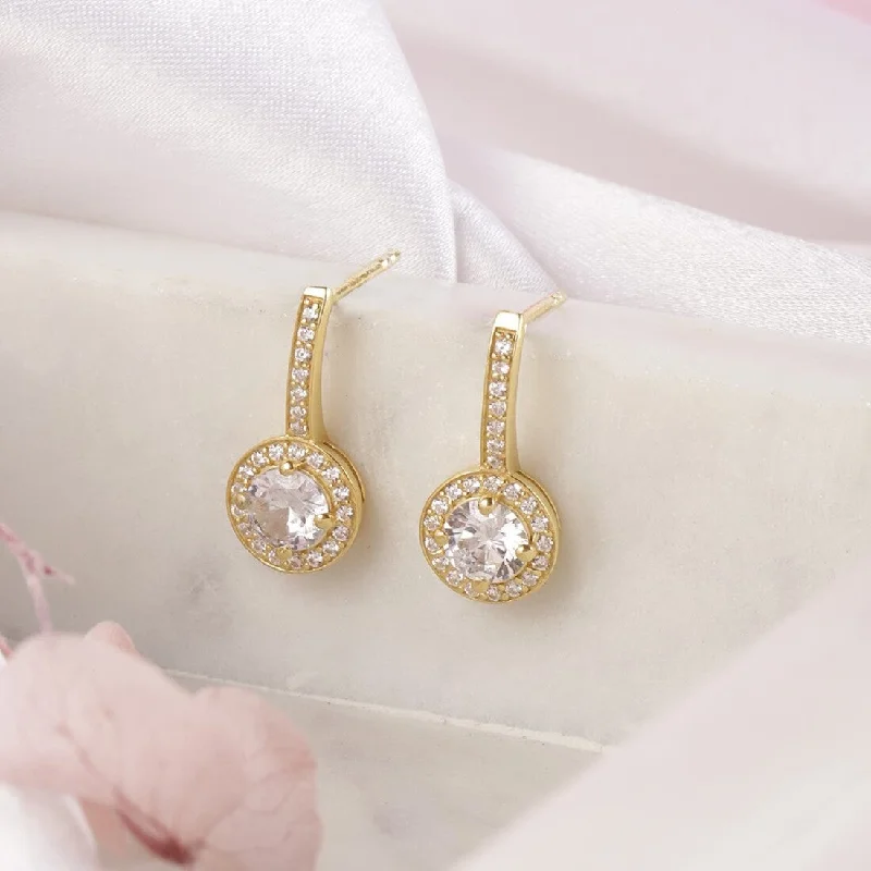 Drop Earrings with Debossed Designs -Sparkling Drops Solitaire Halo Gold Plated Earrings with Cubic Zirconia