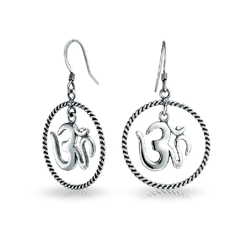 Diamond Drop Earrings for Luxury -Spiritual Amulet Dangle Earrings with Aum Om Symbol in Sterling Silver