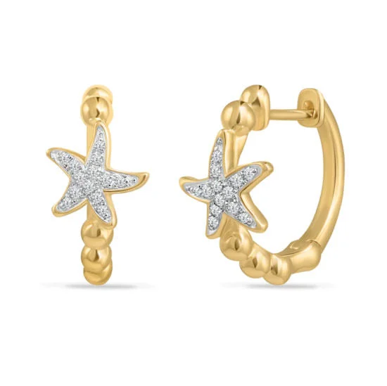 Clip On Drop Earrings for Non Pierced -Starfish Hoops with Diamonds, 14Kt