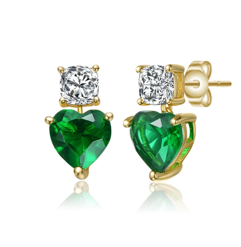 Stud Earrings for School Uniform -Sterling Silver 14k Gold Plated with Colored Cubic Zirconia Two-Stone Heart Earrings