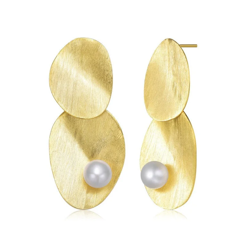 Contemporary Stud Earrings for Fashion -Sterling Silver 14k Yellow Gold Plated with Genuine Freshwater Pearl Unique Earrings