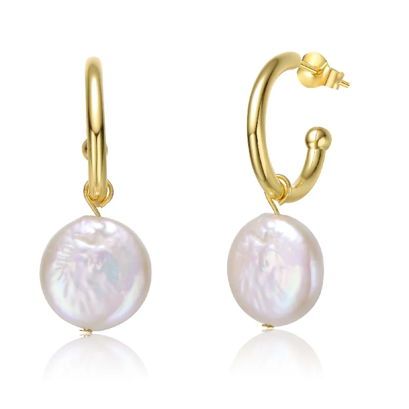 Hypoallergenic Stud Earrings for Sensitive -Sterling Silver 14k Yellow Gold Plated with White Coin Pearl Dangle Drop Marquise Medallion Earrings