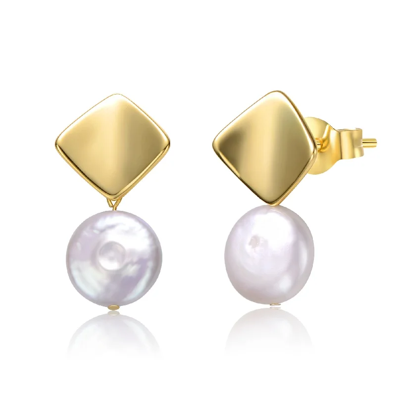 Heavy Duty Stud Earrings for Durability -Sterling Silver 14k Yellow Gold Plated with White Coin Pearl Double Dangle Square Earrings