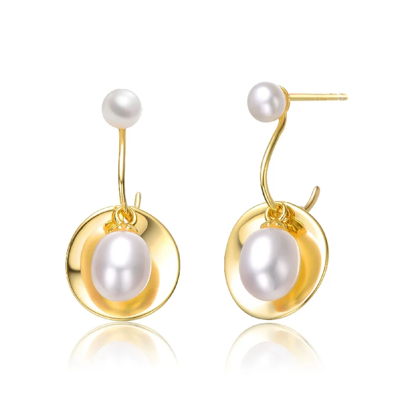 Gothic Stud Earrings with Dark Tone -Sterling Silver 14k Yellow Gold Plated with White Coin Pearl Drop C-Hoop Earrings