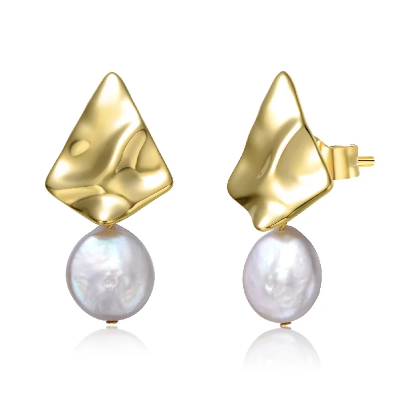 Screw Back Stud Earrings for Security -Sterling Silver 14k Yellow Gold Plated with White Coin Pearl Drop Geometric Rippled 3D Double Dangle Earrings