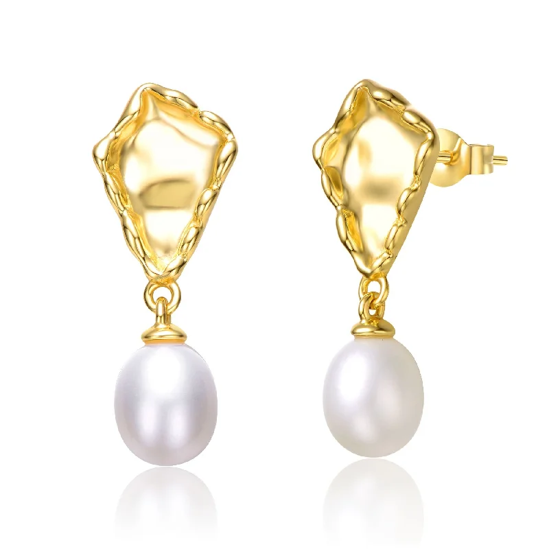 Lightweight Stud Earrings for All Day -Sterling Silver 14k Yellow Gold Plated with White Pearl Nugget Dangle Earrings