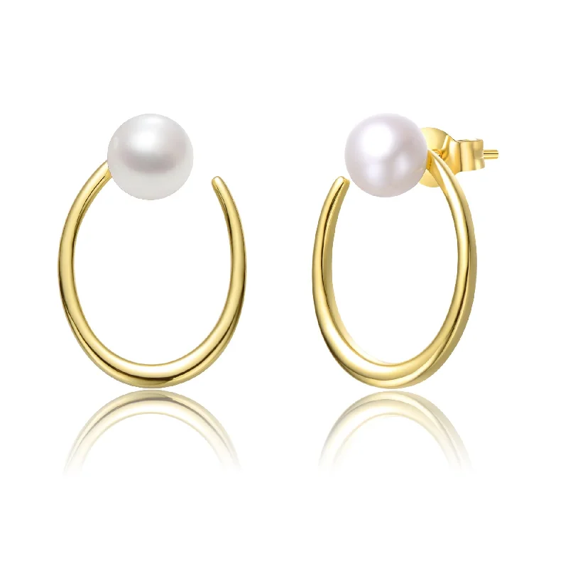 Waterproof Stud Earrings for Outdoor -Sterling Silver 14k Yellow Gold Plated with White Pearl Oblong Oval Halo Hoop Dangle Earrings