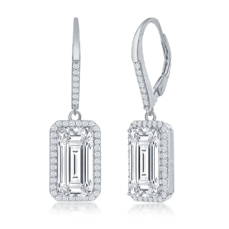 Tarnish Resistant Stud Earrings for Longevity -Sterling Silver Emerald-Cut CZ with Halo Earrings