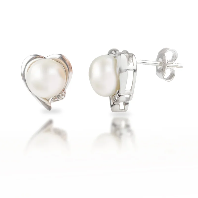 Stud Earrings with Matte Finish -Sterling Silver Freshwater Pearl Heart Earrings With Diamond Accents