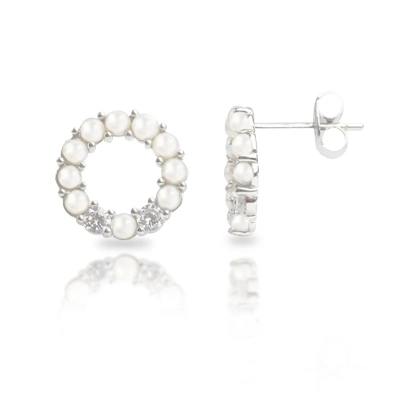 Stud Earrings for Prom Night -Sterling Silver Freshwater Pearl Open Circle Earrings With Cubic Zirconia Accents