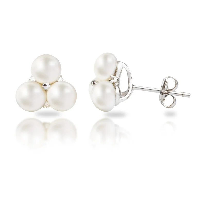 Stud Earrings for Christmas Party -Sterling Silver Freshwater Pearl Trio Earrings With Diamond Accents