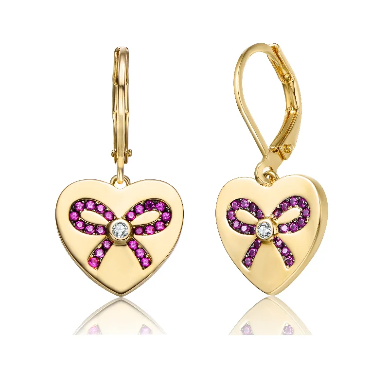 Short Drop Earrings for Subtle -Sterling Silver Gold Plated with Pink Cubic Zirconia Leverback Earrings