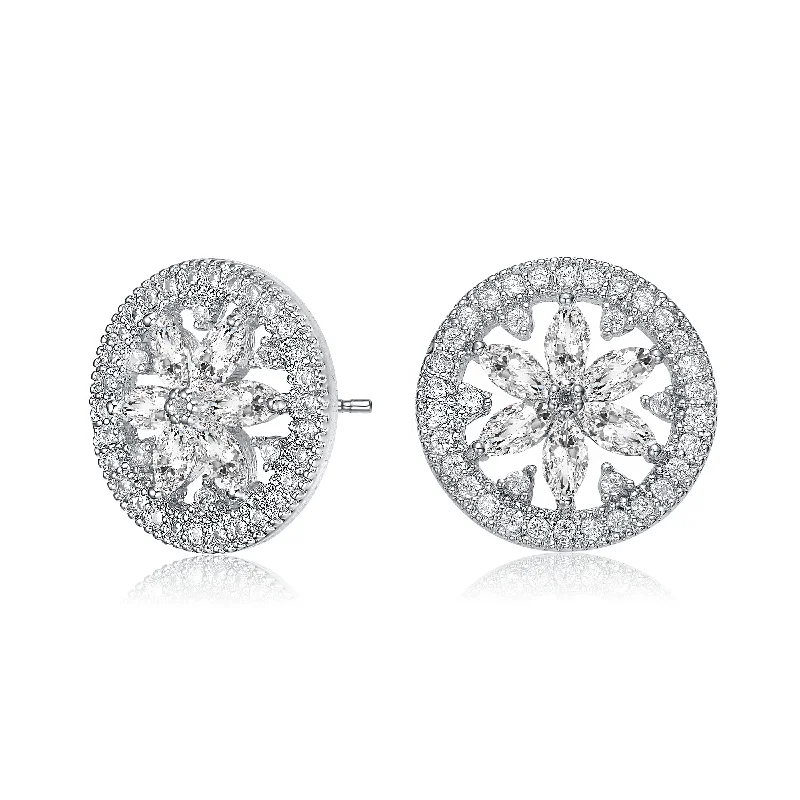 Drop Earrings for Travel Look -Sterling Silver with Rhodium Plated Clear Marquise with Round Cubic Zirconia Halo Wreath Earrings