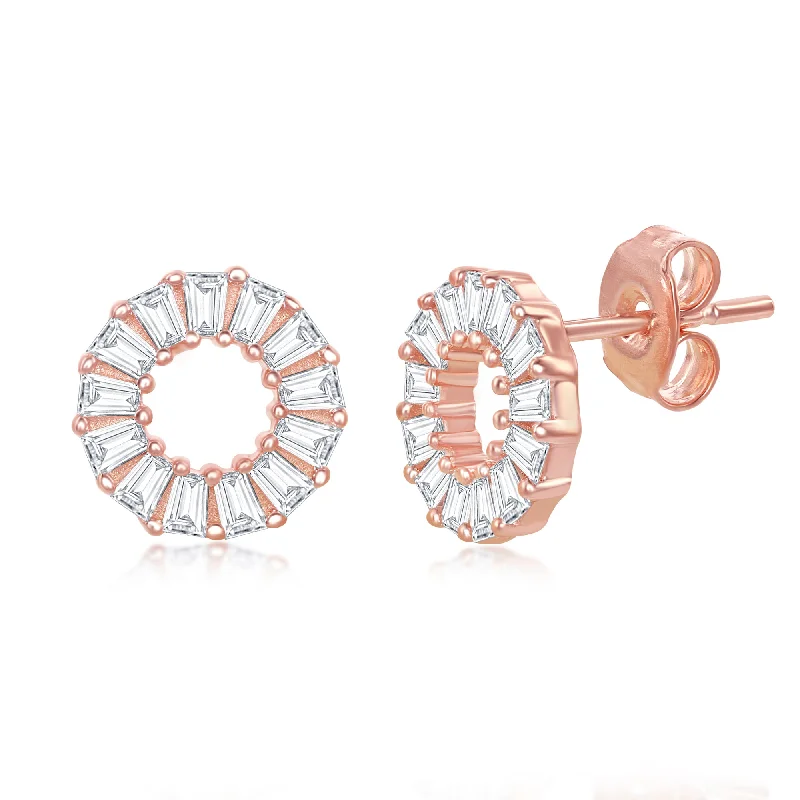 Hypoallergenic Stud Earrings for Sensitive -Sterling Silver Open Circle Baguette CZ Stud Earrings - Rose Gold Plated