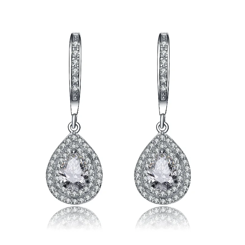 Drop Earrings for Office Wear -Sterling Silver Pear Drop Cubic Zirconia with Double Halo Earrings