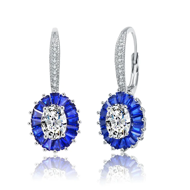 Drop Earrings for Work Attire -Sterling Silver with Rhodium Plated and Sapphire Cubic Zirconia Leverback Earrings