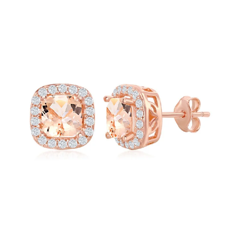 Stud Earrings with Etching -Sterling Silver Square Morganite CZ with White CZ Border Earrings - Rose Gold Plated