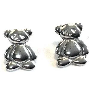 Stud Earrings with Matte Finish -Children's Sterling Silver Teddy Bear Stud Earrings