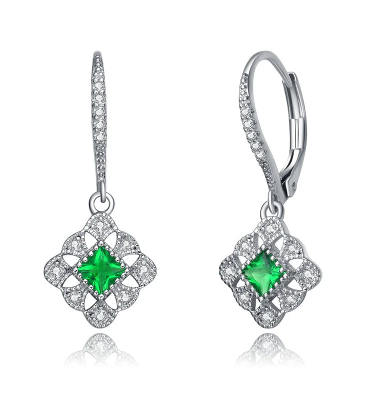 Stud Earrings for Travel Look -Sterling Silver White Gold Plated with Colored Cubic Zirconia Leverback Earrings