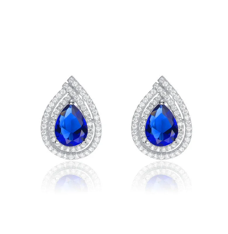 Bohemian Stud Earrings with Tassels -Sterling Silver White Gold Plated with Colored Cubic Zirconia Pear Shape Earrings