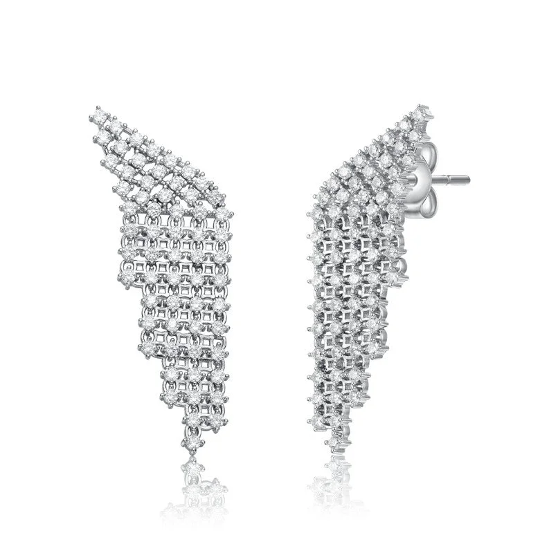 Stud Earrings for Yoga Session -Sterling Silver white Gold Plated with Cubic Zirconia Angel Wing Waterfall Earrings