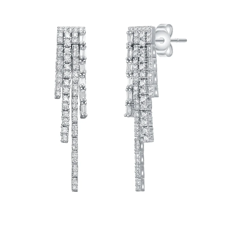 Triangular Drop Earrings for Edge -Sterling Silver White Gold Plated with Cubic Zirconia Graduated Fringe Dangle Earrings